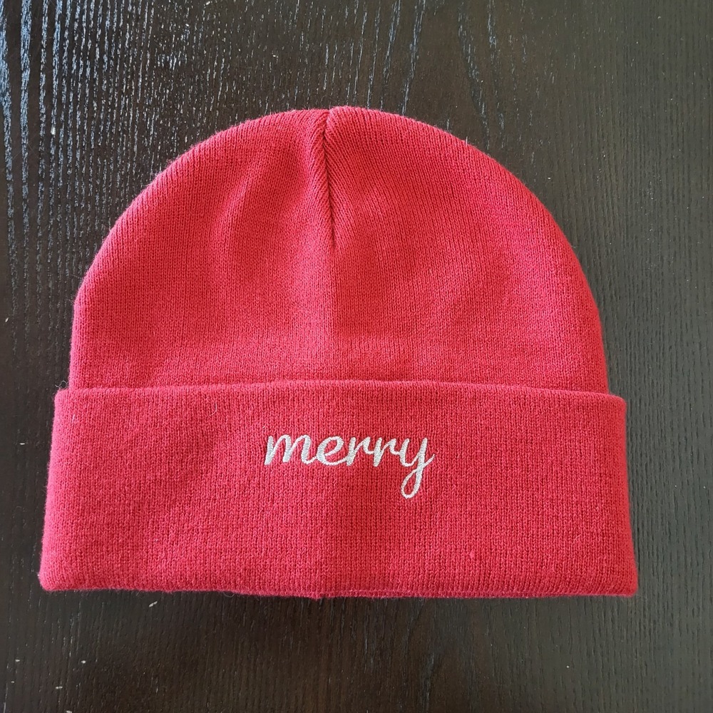 David and Young Beanie "Merry" Red Hat Holidays Embroidered